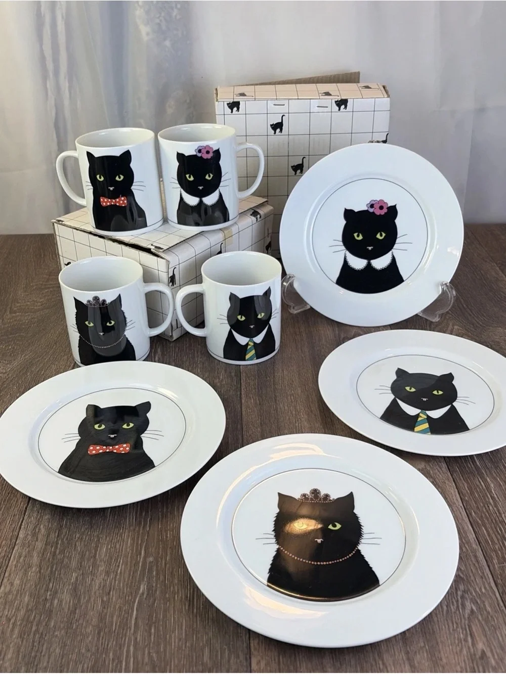Set of 4 Plates & 4 Mugs Dept 56 Cat's Meow His & Hers Black Cat 7.5